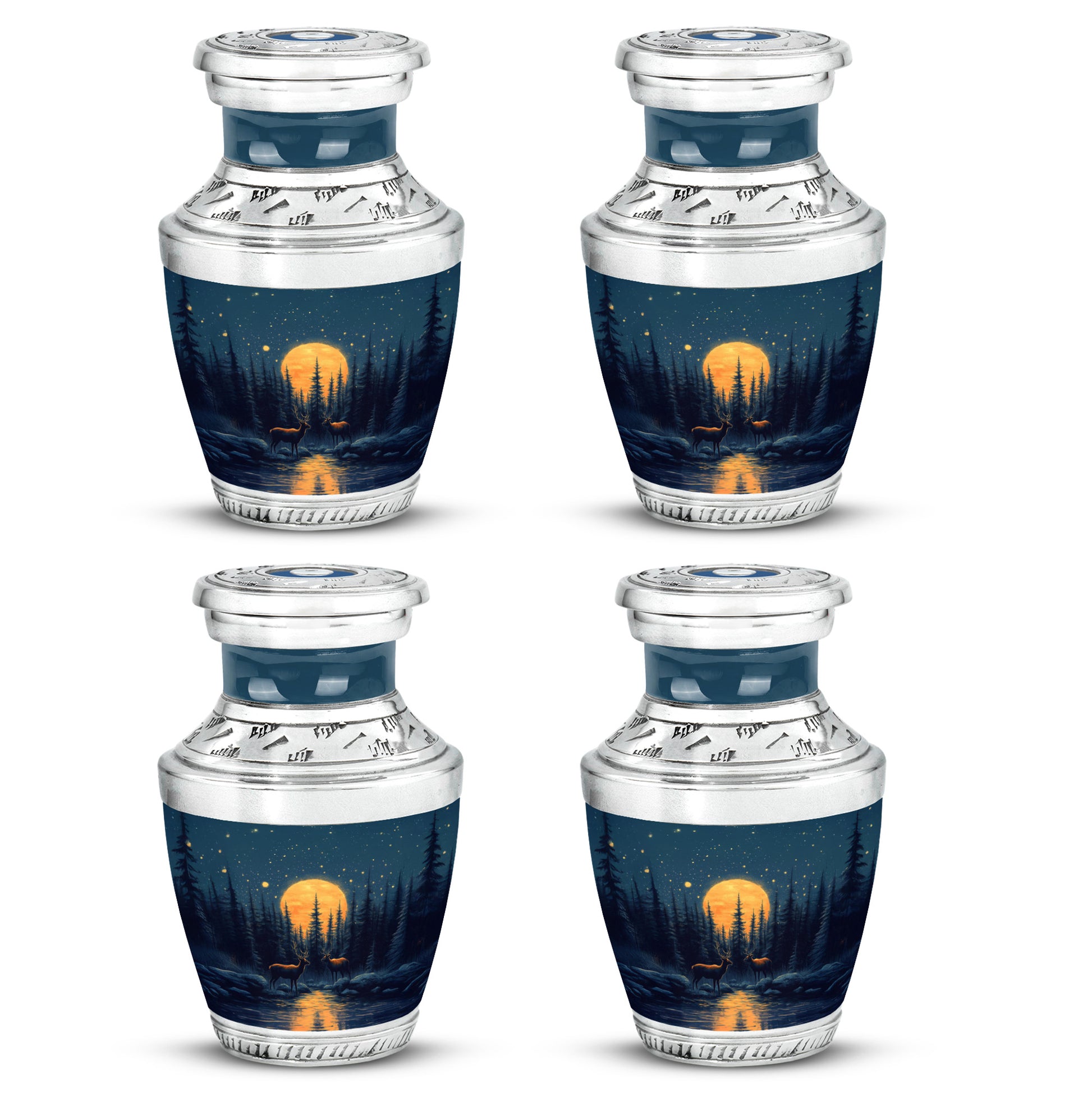 Navy Blue Deer Cremation Urn back view with polished surface - contemporary deer design with modern artistic flair - 10 inch aluminum urn for cremated remains