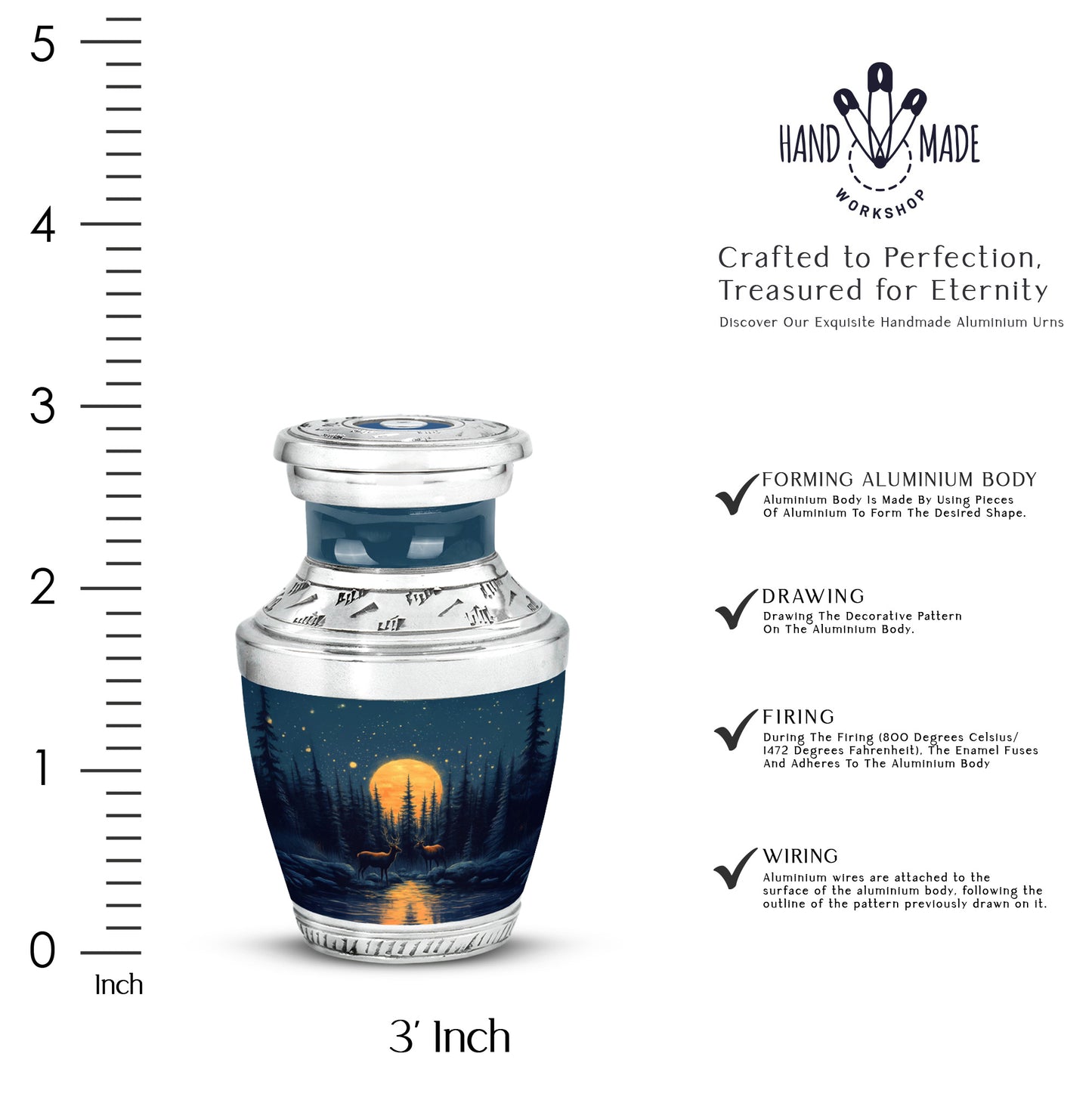 Sapphire Blue Deer Cremation Urn top-down view of secure threaded lid - stylized abstract deer pattern with bold lines - mini keepsake memorial for portion of cremation ashes