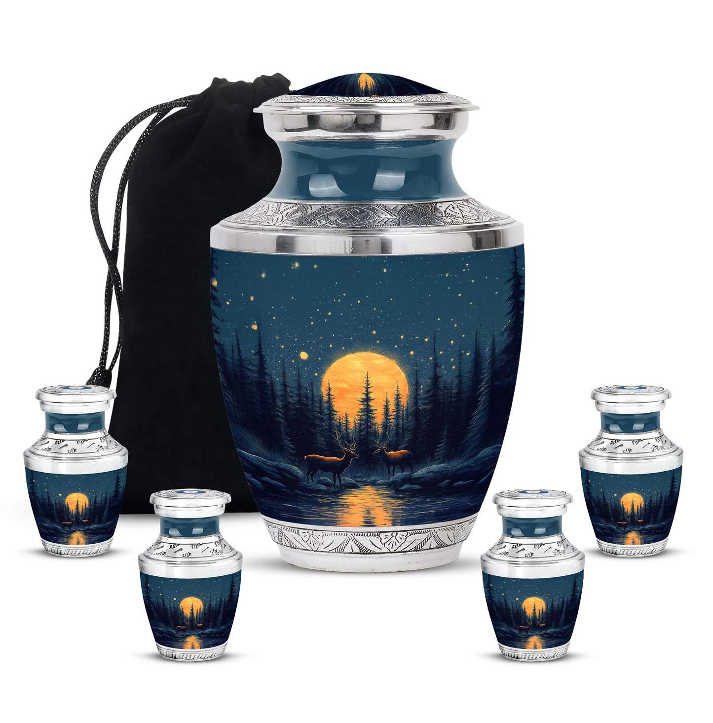 Indigo Deer Cremation Urn lifestyle display on memorial shelf - modern art-inspired deer motif on sleek aluminum - memorial set with one large and four small urns