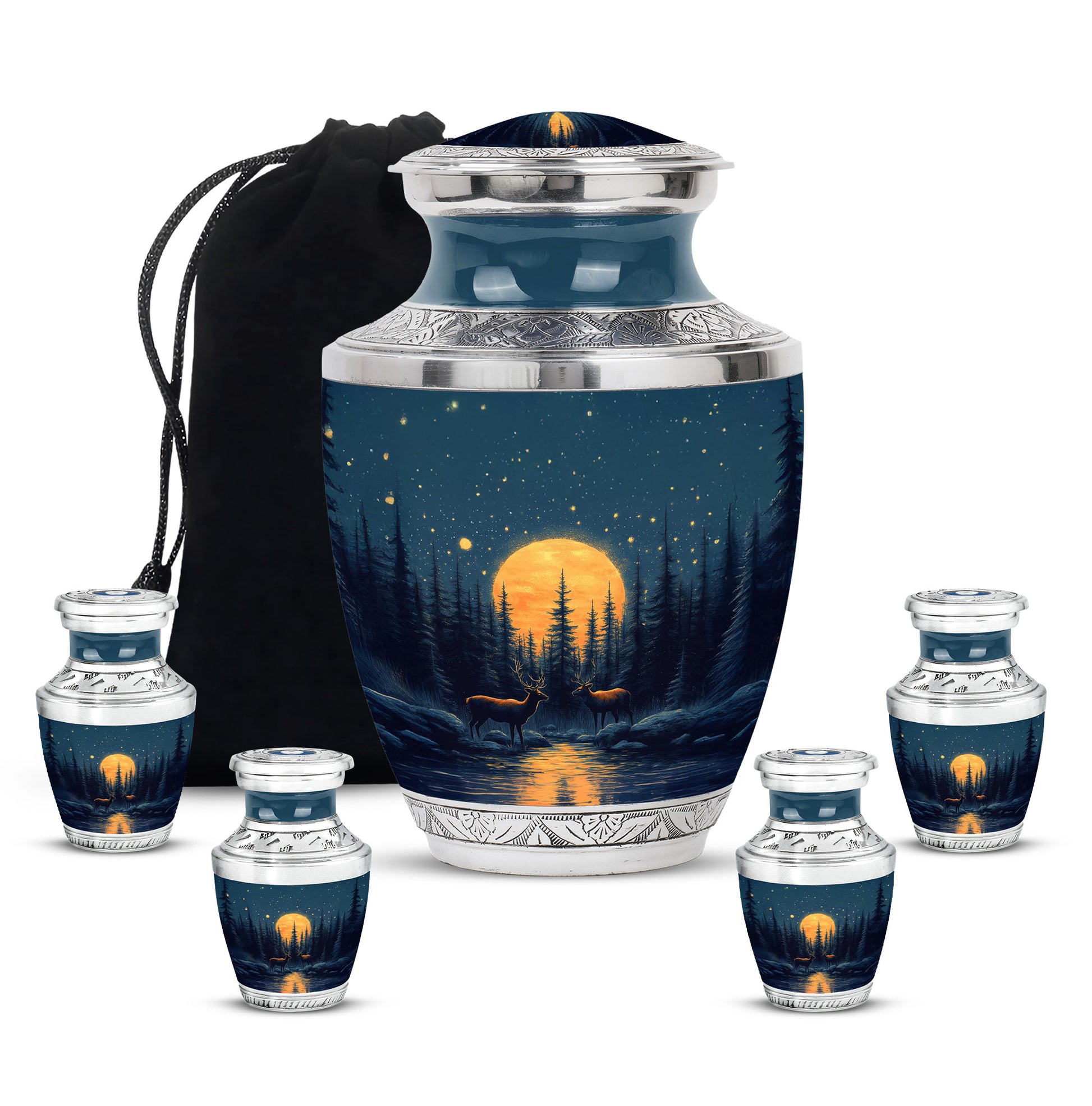 Indigo Deer Cremation Urn lifestyle display on memorial shelf - modern art-inspired deer motif on sleek aluminum - memorial set with one large and four small urns