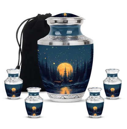 Indigo Deer Cremation Urn lifestyle display on memorial shelf - modern art-inspired deer motif on sleek aluminum - memorial set with one large and four small urns