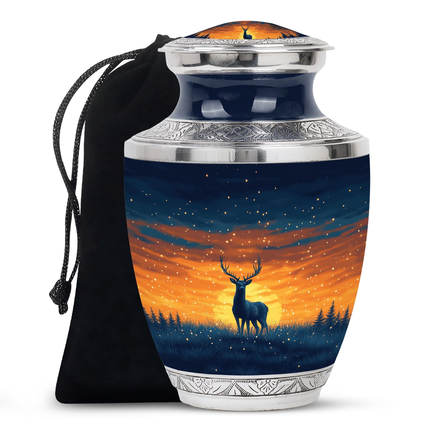Sky Blue Deer Cremation Urn side profile showing urn shape - modern art-inspired deer motif on sleek aluminum - full-size 10 inch 200 cubic inch adult cremation urn
