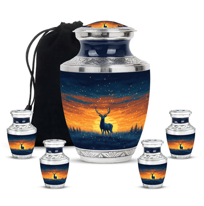 Powder Blue Deer Cremation Urn lifestyle display on memorial shelf - modern art-inspired deer motif on sleek aluminum - memorial set with one large and four small urns