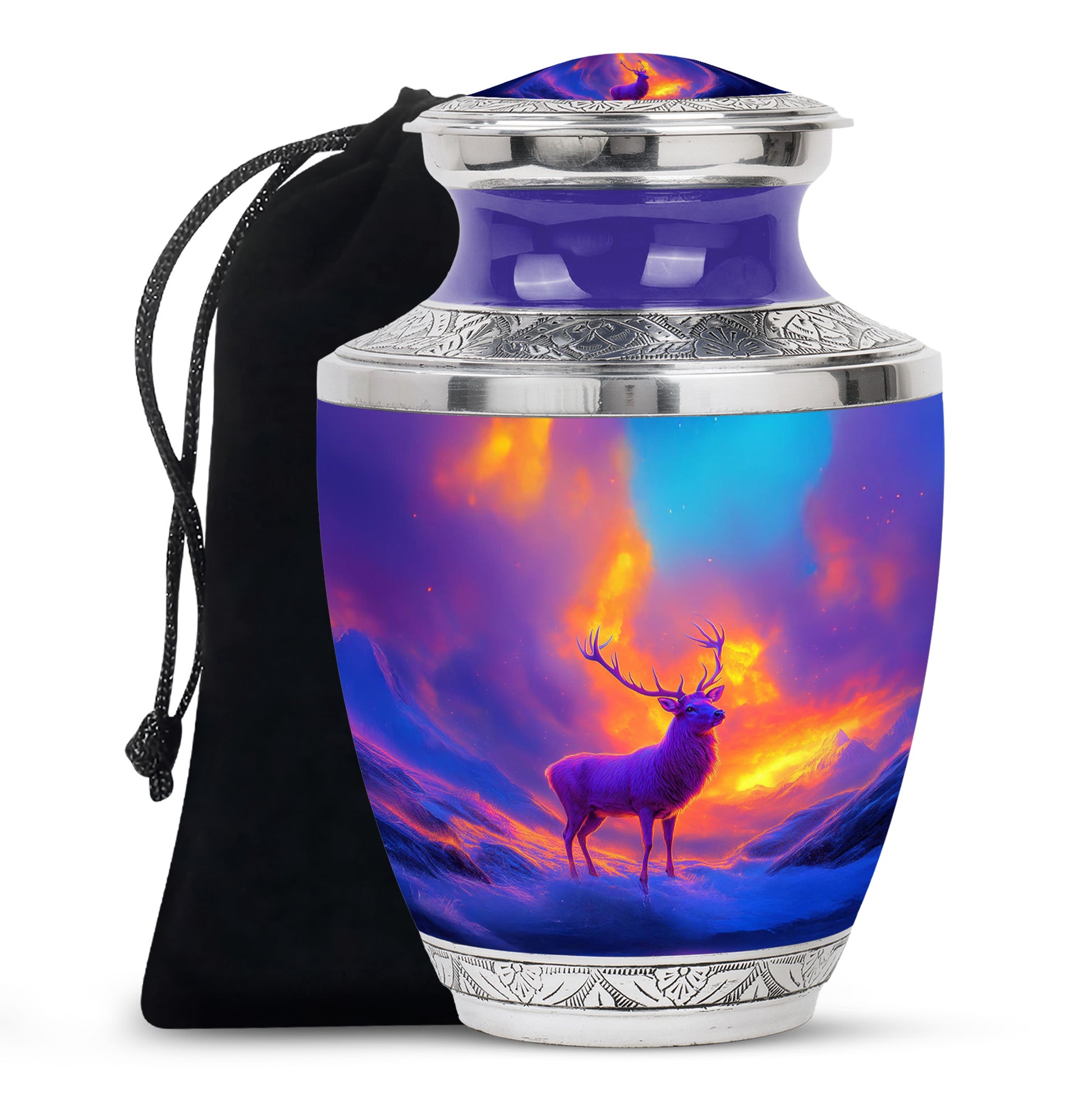 Twilight Purple Deer Cremation Urn side profile showing urn shape - stylized abstract deer pattern with bold lines - full-size 10 inch 200 cubic inch adult cremation urn
