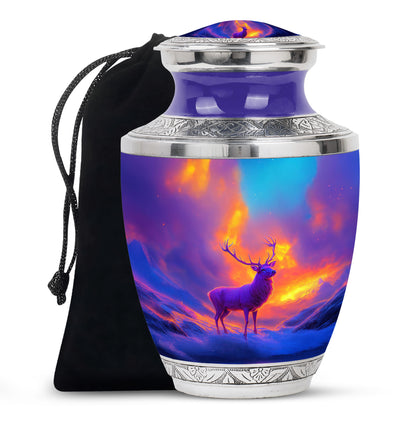 Twilight Purple Deer Cremation Urn side profile showing urn shape - stylized abstract deer pattern with bold lines - full-size 10 inch 200 cubic inch adult cremation urn