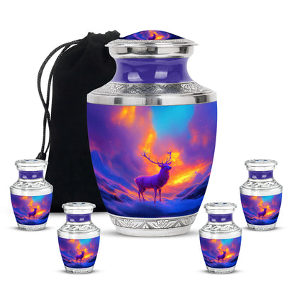 Lavender Purple Deer Cremation Urn lifestyle display on memorial shelf - artistic deer interpretation with creative detail - memorial set with one large and four small urns