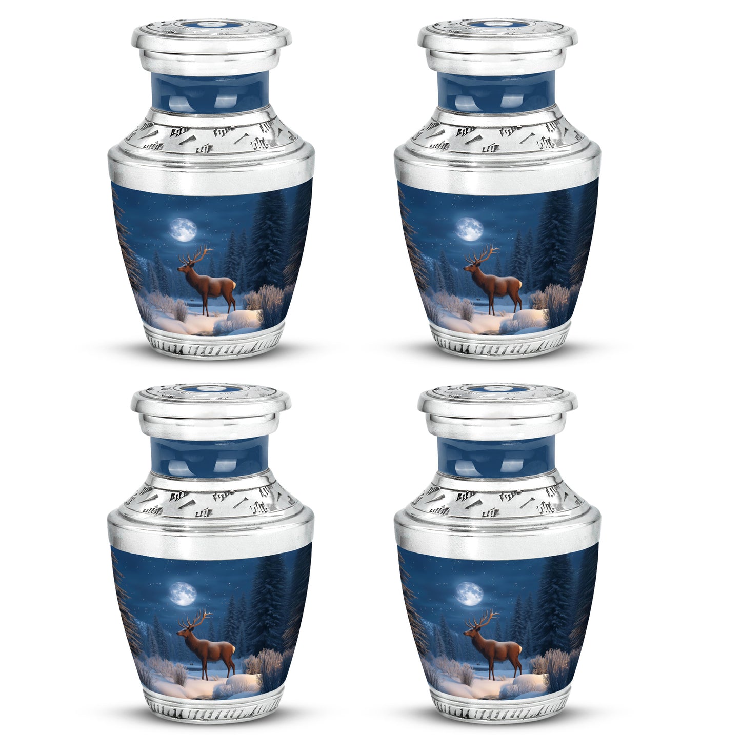 Vivid Blue Deer Cremation Urn back view with polished surface - stylized abstract deer pattern with bold lines - 10 inch aluminum urn for cremated remains