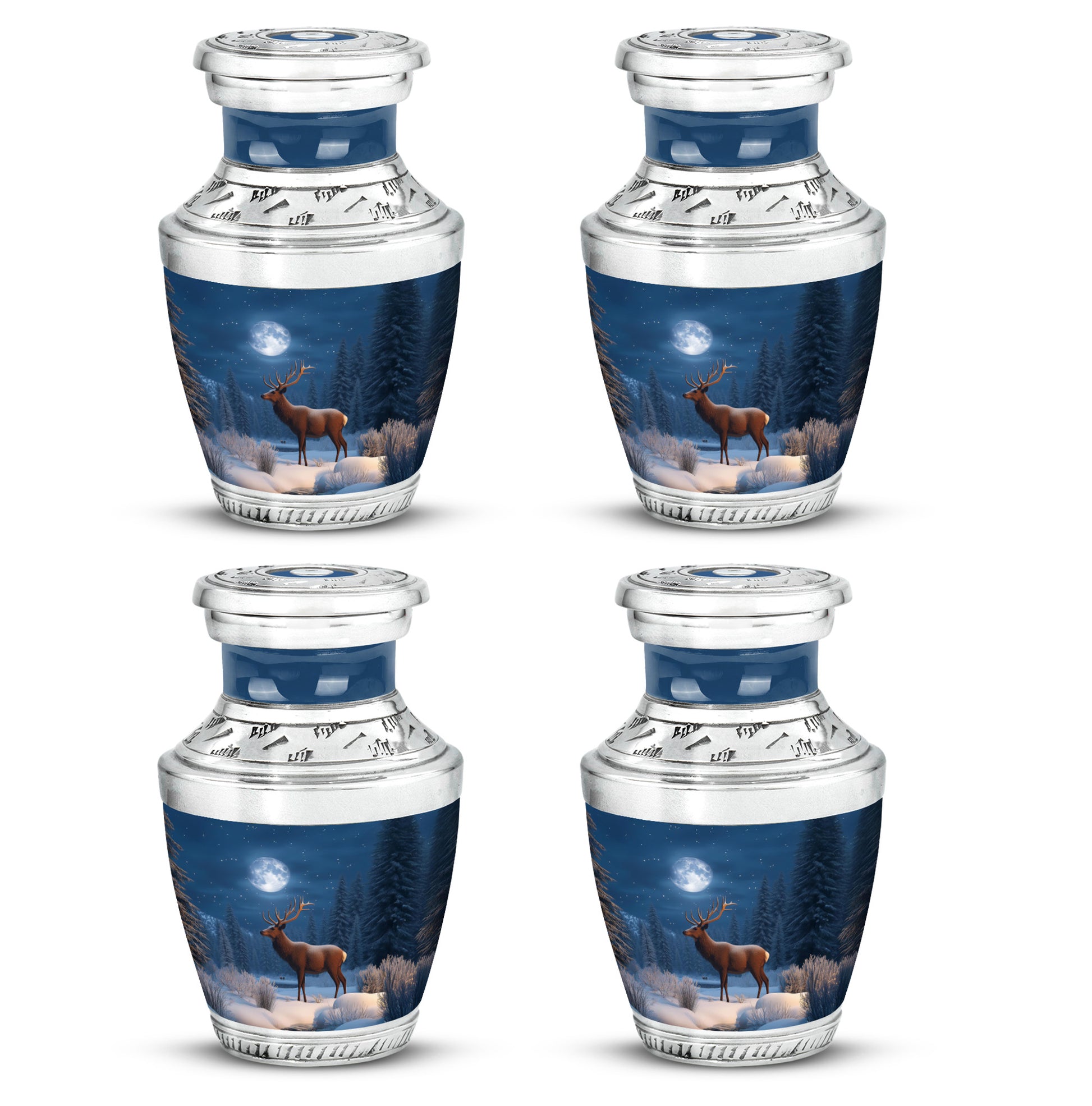 Vivid Blue Deer Cremation Urn back view with polished surface - stylized abstract deer pattern with bold lines - 10 inch aluminum urn for cremated remains