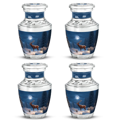 Vivid Blue Deer Cremation Urn back view with polished surface - stylized abstract deer pattern with bold lines - 10 inch aluminum urn for cremated remains