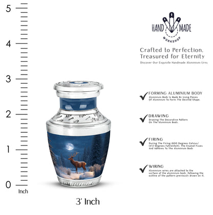 Twilight Blue Deer Cremation Urn top-down view of secure threaded lid - artistic deer interpretation with creative detail - mini keepsake memorial for portion of cremation ashes