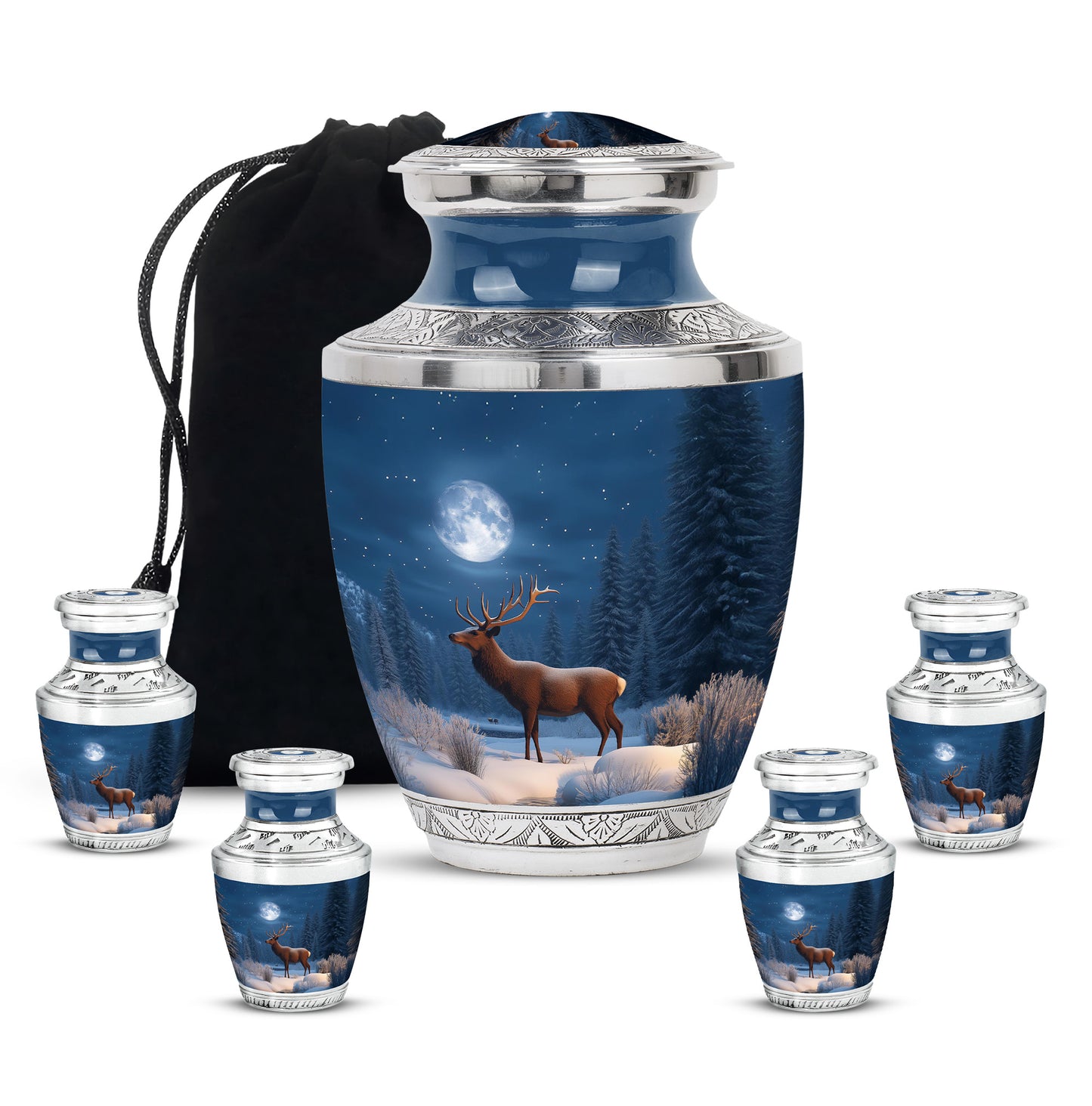 Vivid Blue Deer Cremation Urn lifestyle display on memorial shelf - stylized abstract deer pattern with bold lines - memorial set with one large and four small urns