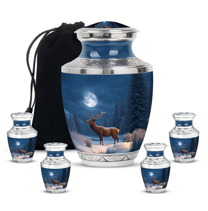 Vivid Blue Deer Cremation Urn lifestyle display on memorial shelf - stylized abstract deer pattern with bold lines - memorial set with one large and four small urns