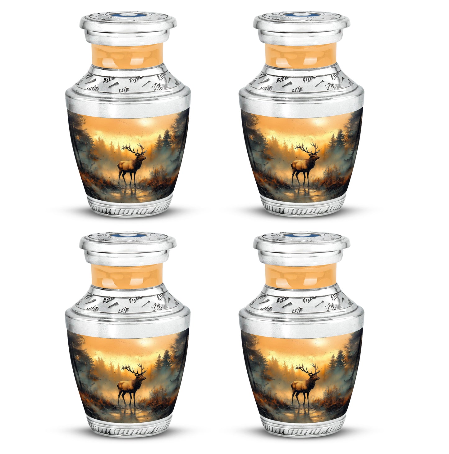 Champagne Gold Deer Cremation Urn back view with polished surface - modern art-inspired deer motif on sleek aluminum - 10 inch aluminum urn for cremated remains