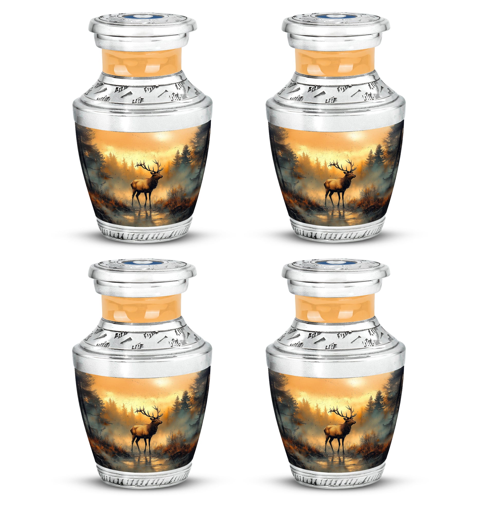 Champagne Gold Deer Cremation Urn back view with polished surface - modern art-inspired deer motif on sleek aluminum - 10 inch aluminum urn for cremated remains