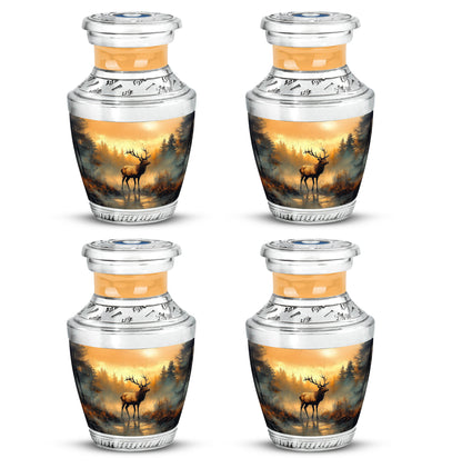 Champagne Gold Deer Cremation Urn back view with polished surface - modern art-inspired deer motif on sleek aluminum - 10 inch aluminum urn for cremated remains