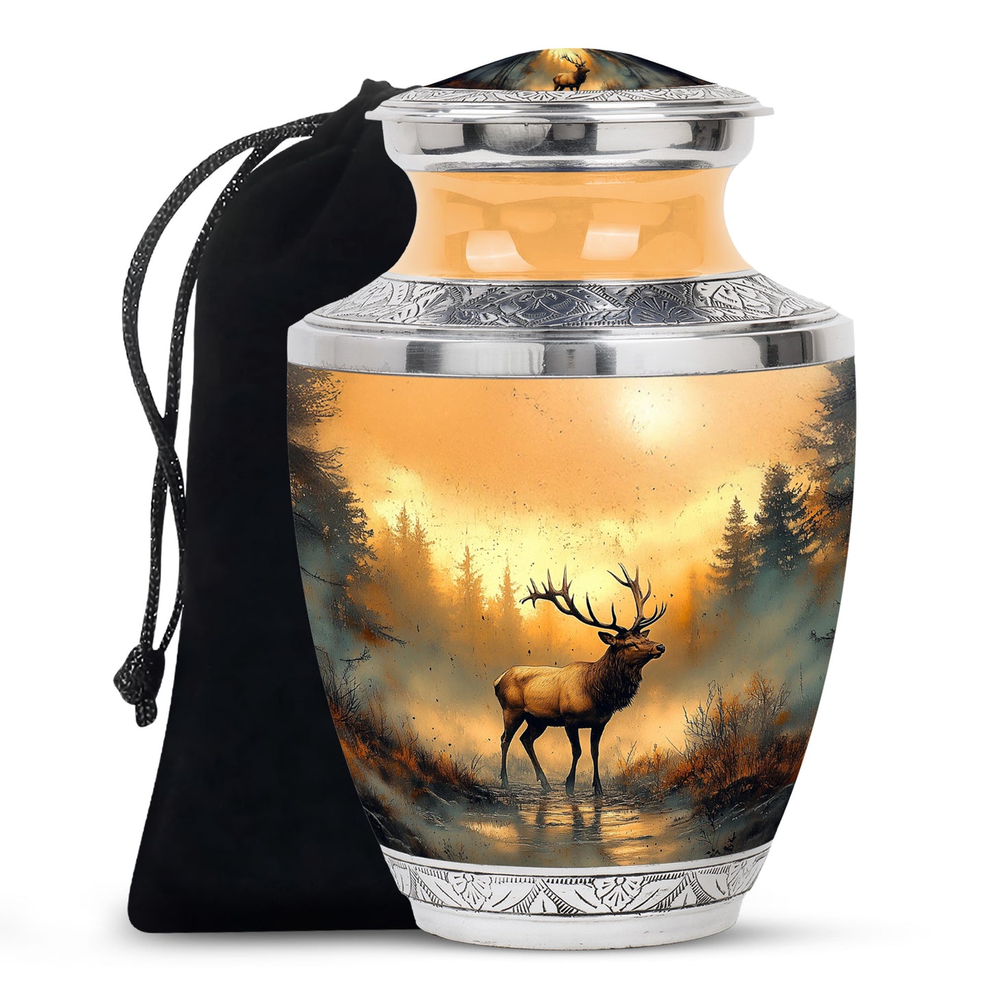 Harvest Gold Deer Cremation Urn side profile showing urn shape - stylized abstract deer pattern with bold lines - full-size 10 inch 200 cubic inch adult cremation urn
