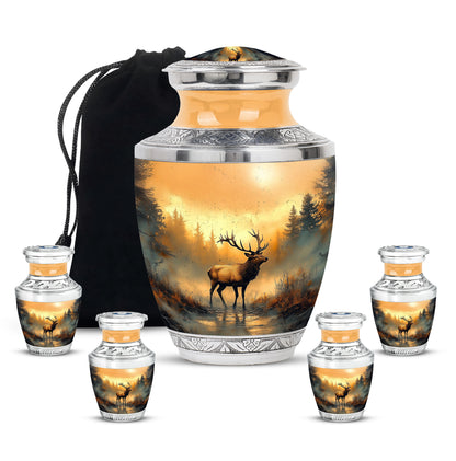 Harvest Gold Deer Cremation Urn lifestyle display on memorial shelf - stylized abstract deer pattern with bold lines - memorial set with one large and four small urns