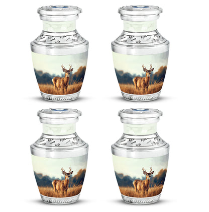Antique Silver Deer Cremation Urn back view with polished surface - artistic deer interpretation with creative detail - 10 inch aluminum urn for cremated remains