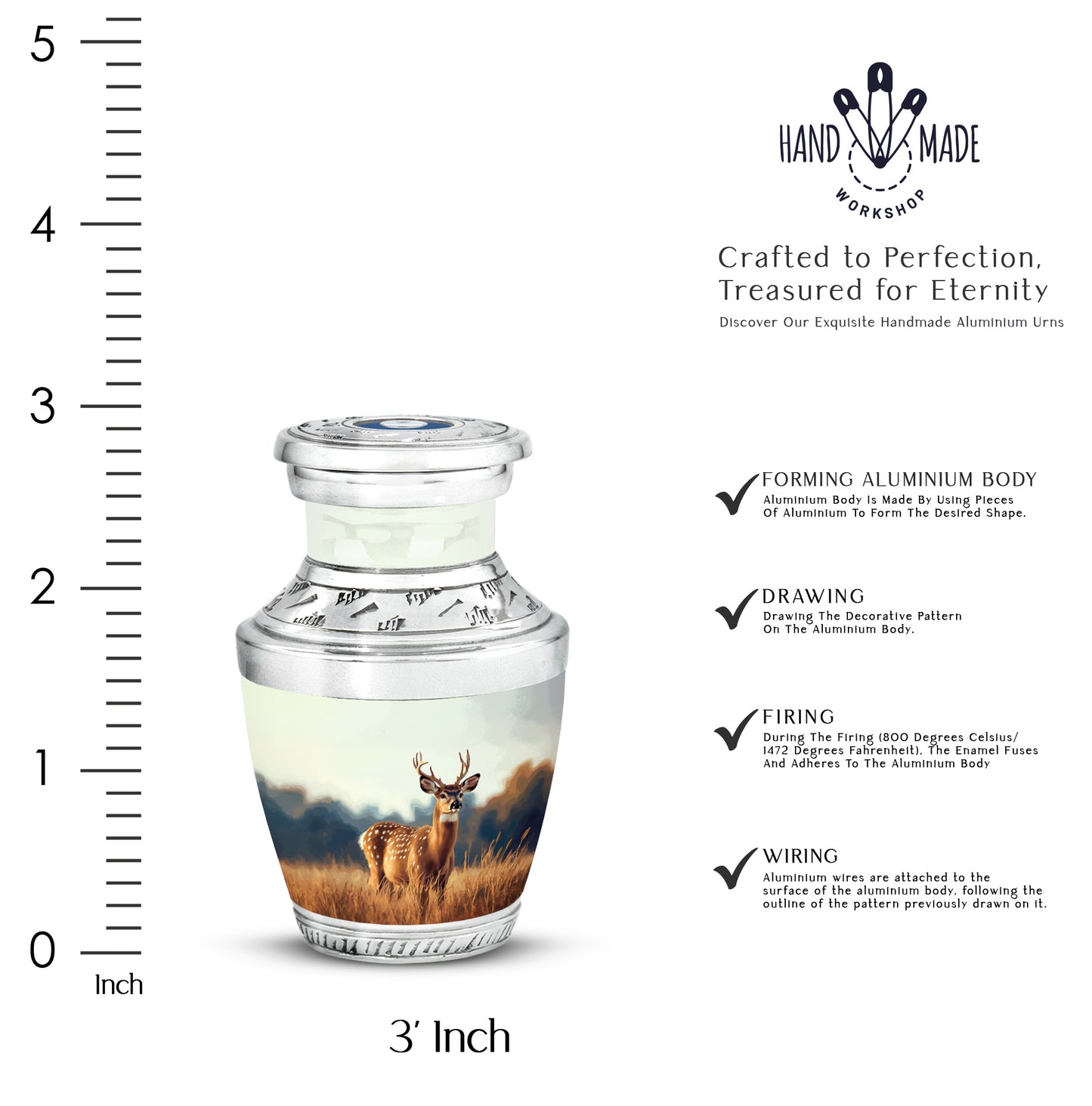 Brushed Silver Deer Cremation Urn top-down view of secure threaded lid - contemporary deer design with modern artistic flair - mini keepsake memorial for portion of cremation ashes