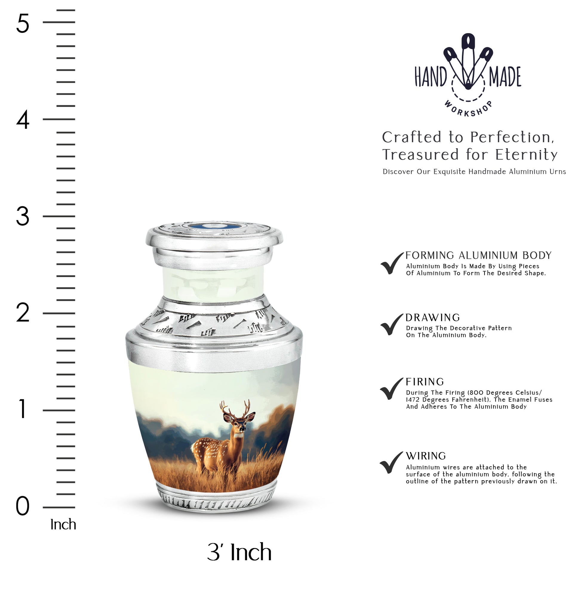 Brushed Silver Deer Cremation Urn top-down view of secure threaded lid - contemporary deer design with modern artistic flair - mini keepsake memorial for portion of cremation ashes