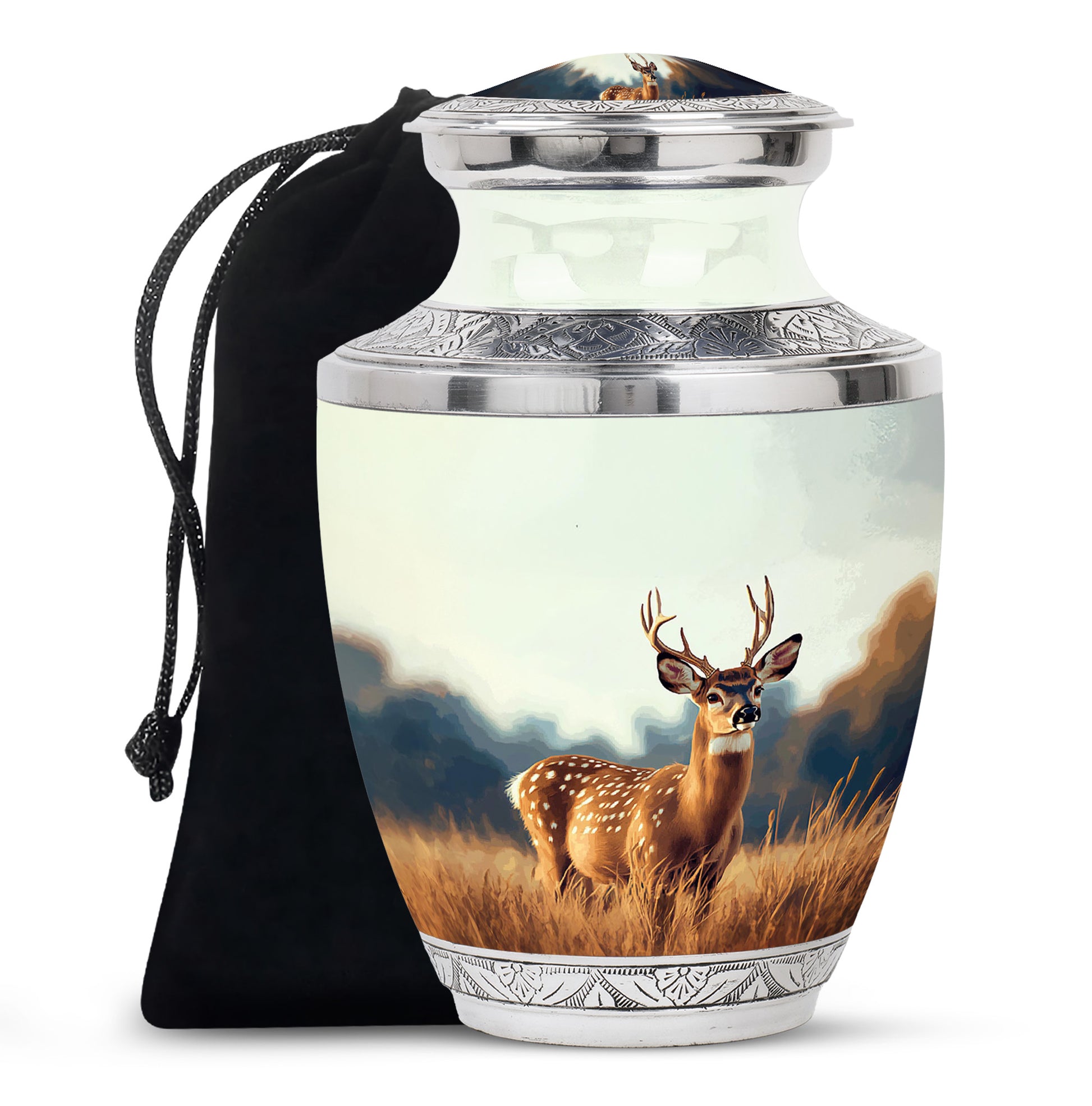 Satin Silver Deer Cremation Urn side profile showing urn shape - contemporary deer design with modern artistic flair - full-size 10 inch 200 cubic inch adult cremation urn