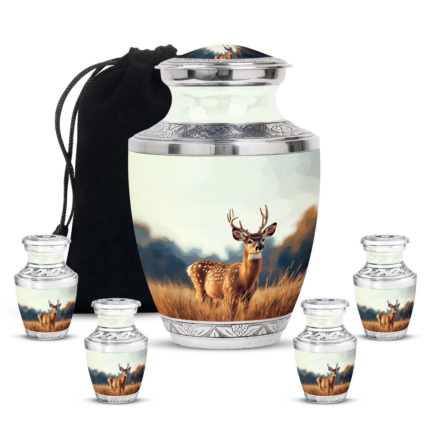 Chrome Silver Deer Cremation Urn lifestyle display on memorial shelf - stylized abstract deer pattern with bold lines - memorial set with one large and four small urns