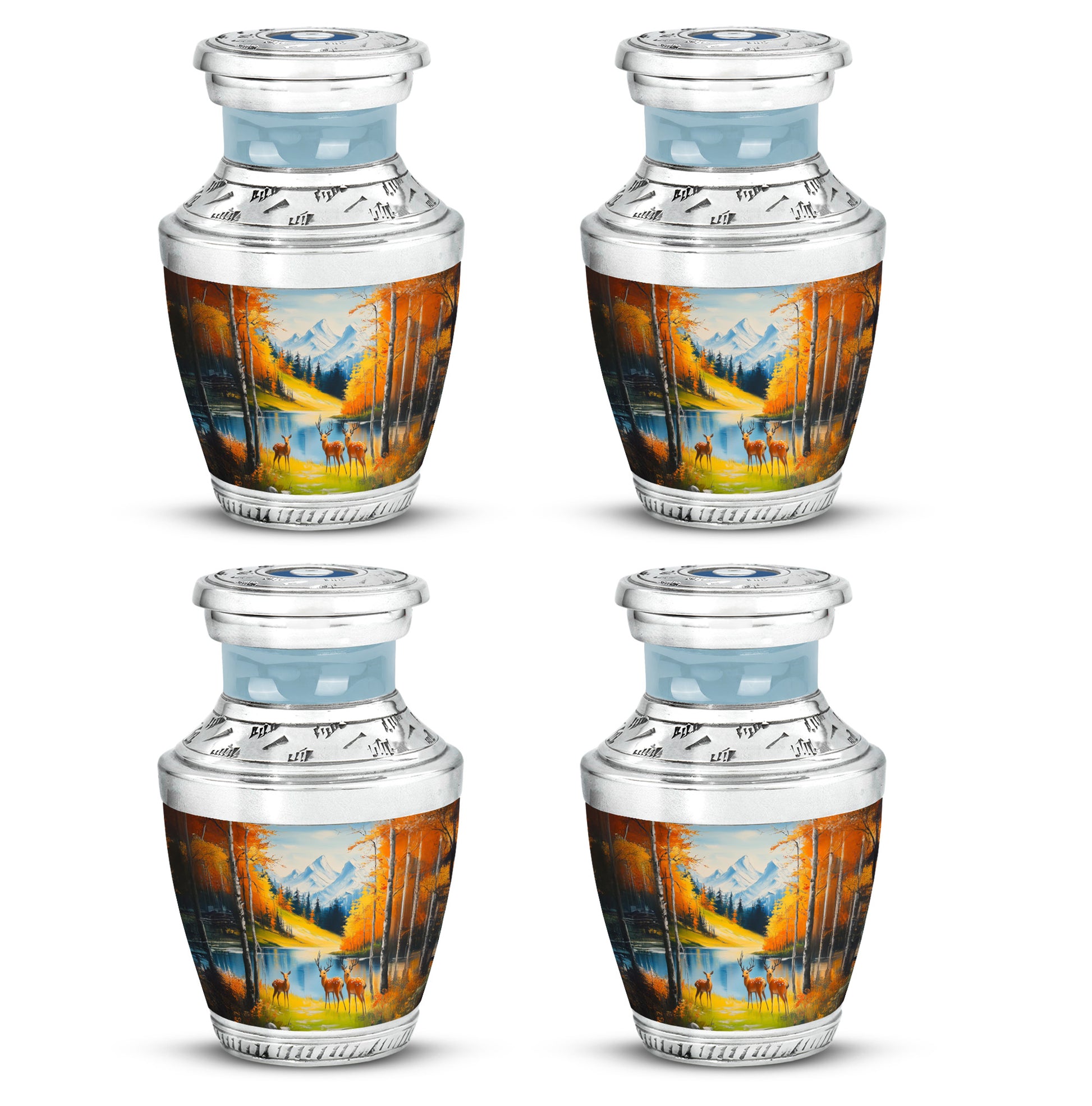 Vivid Teal Deer Cremation Urn back view with polished surface - artistic deer interpretation with creative detail - 10 inch aluminum urn for cremated remains