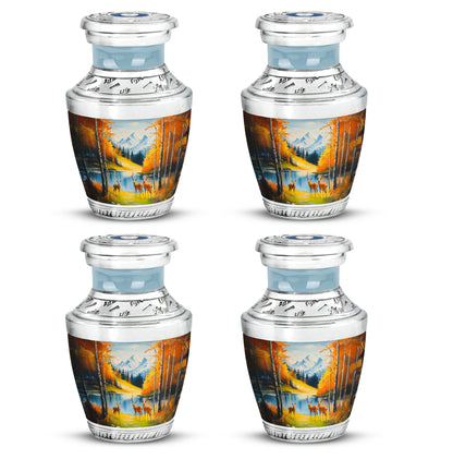 Vivid Teal Deer Cremation Urn back view with polished surface - artistic deer interpretation with creative detail - 10 inch aluminum urn for cremated remains