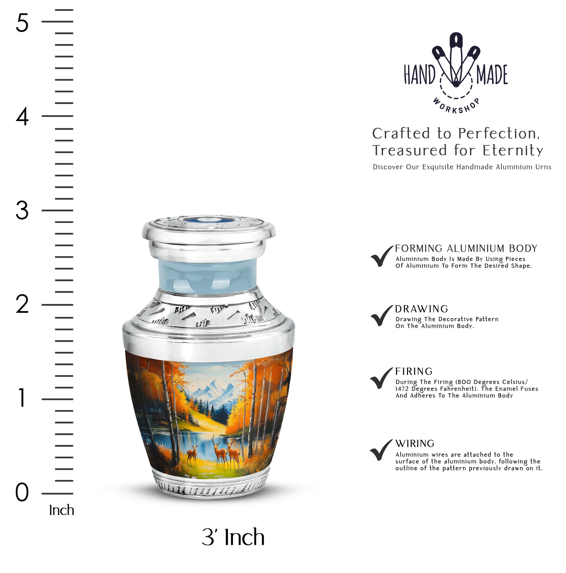 Tropical Teal Deer Cremation Urn top-down view of secure threaded lid - stylized abstract deer pattern with bold lines - mini keepsake memorial for portion of cremation ashes