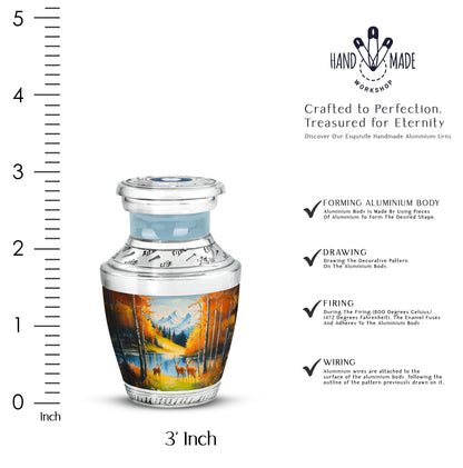 Tropical Teal Deer Cremation Urn top-down view of secure threaded lid - stylized abstract deer pattern with bold lines - mini keepsake memorial for portion of cremation ashes
