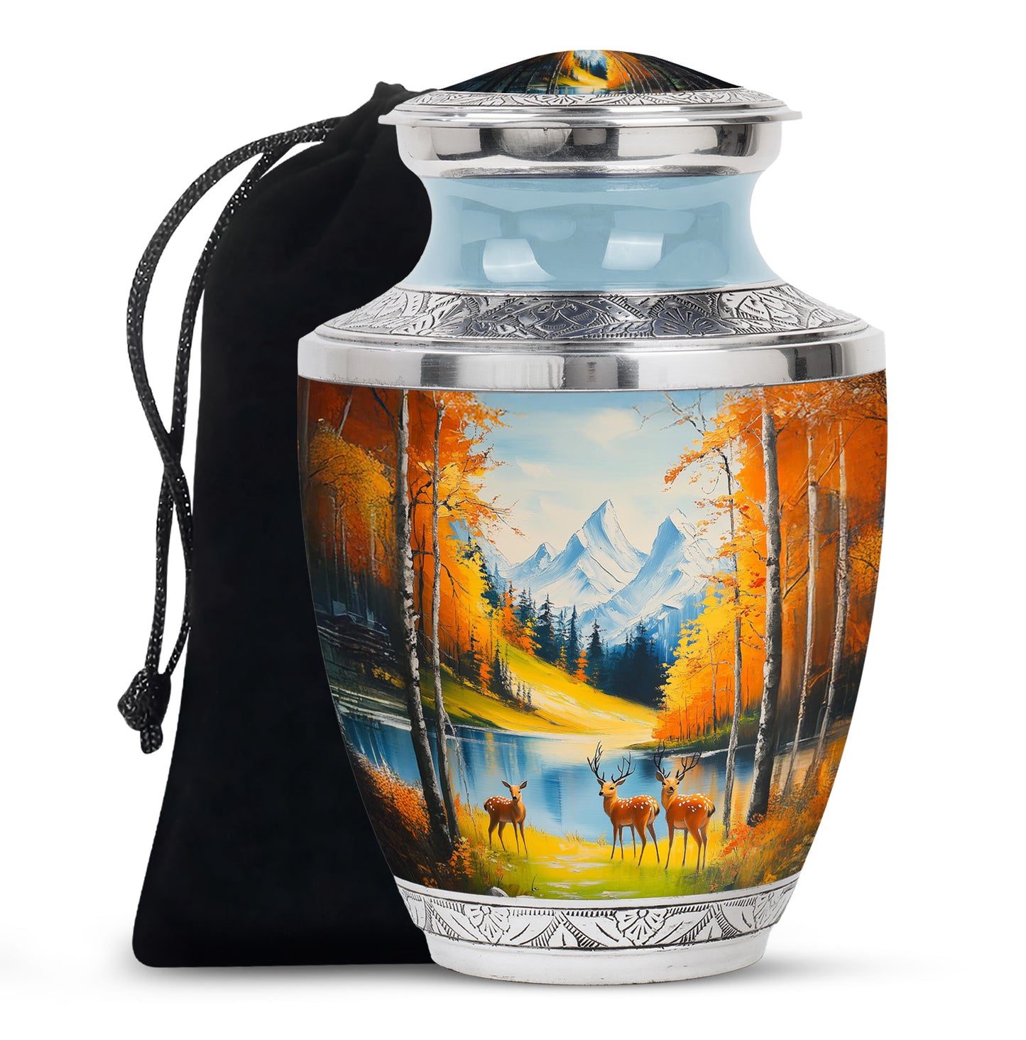 Sea Green Teal Deer Cremation Urn side profile showing urn shape - modern art-inspired deer motif on sleek aluminum - full-size 10 inch 200 cubic inch adult cremation urn