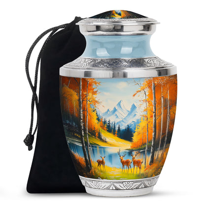 Sea Green Teal Deer Cremation Urn side profile showing urn shape - modern art-inspired deer motif on sleek aluminum - full-size 10 inch 200 cubic inch adult cremation urn