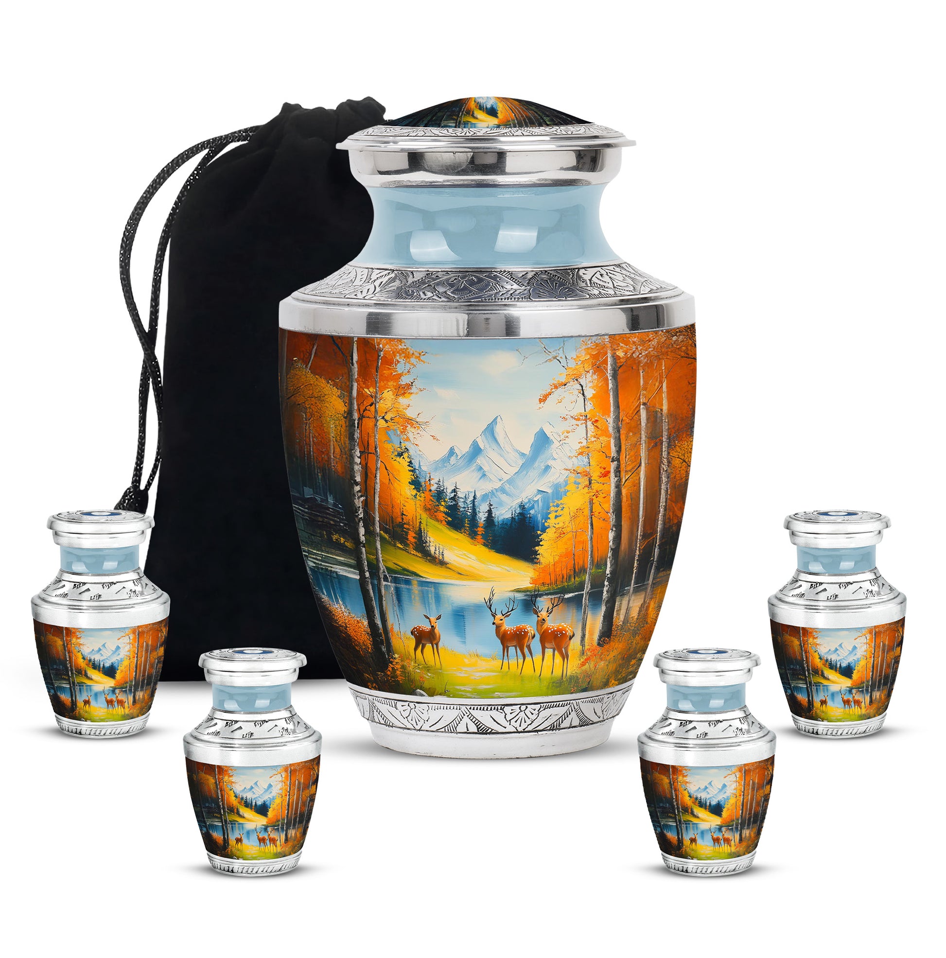 Soft Teal Deer Cremation Urn lifestyle display on memorial shelf - contemporary deer design with modern artistic flair - memorial set with one large and four small urns