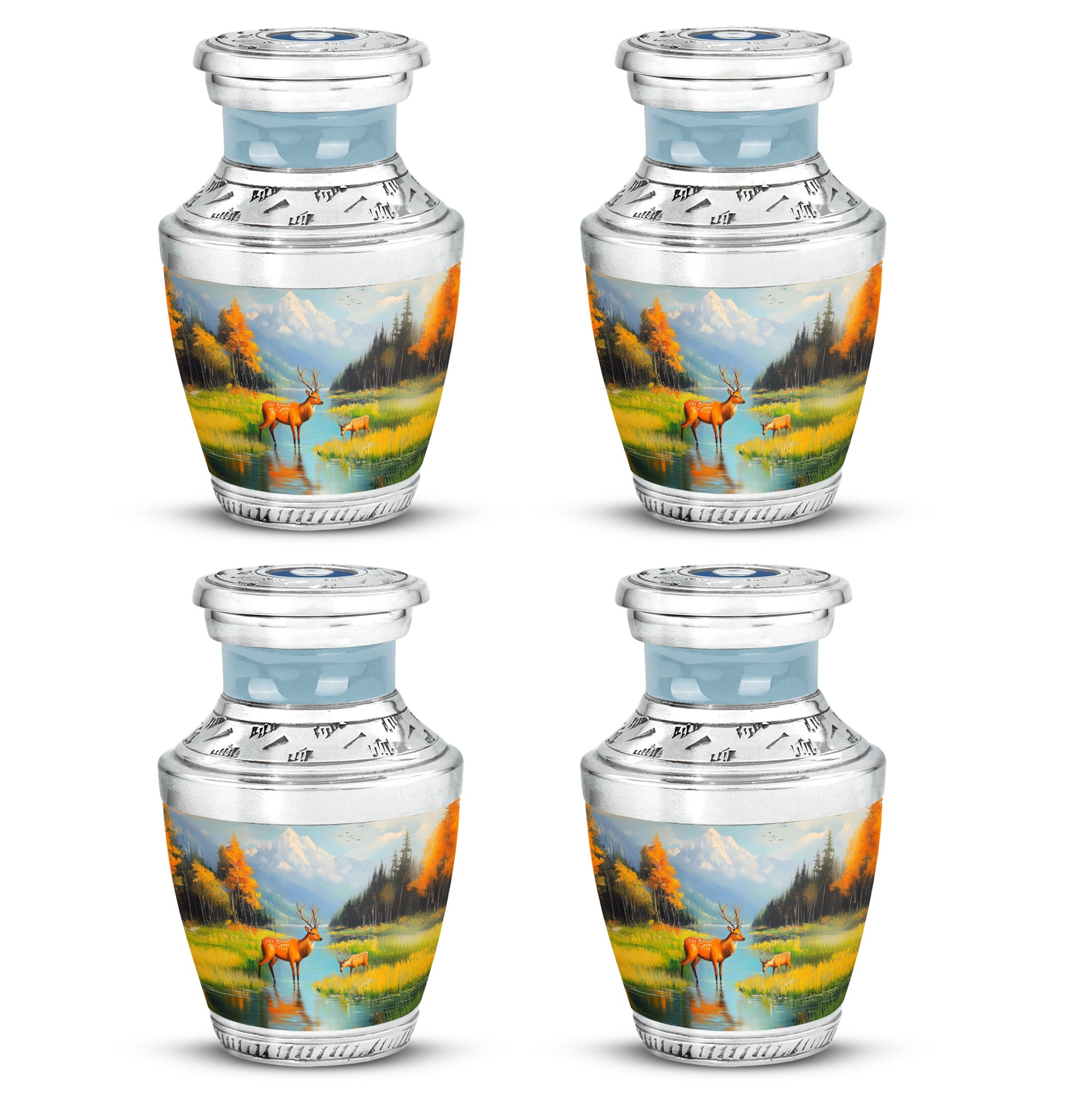 Bright Blue Deer Cremation Urn back view with polished surface - artistic deer interpretation with creative detail - 10 inch aluminum urn for cremated remains