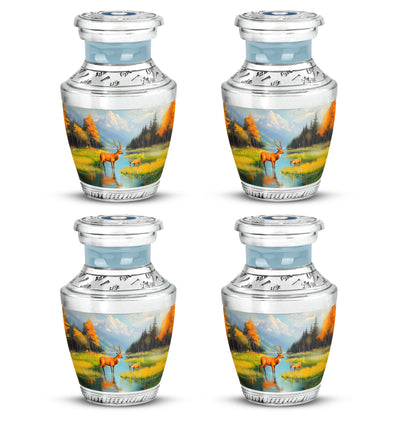 Bright Blue Deer Cremation Urn back view with polished surface - artistic deer interpretation with creative detail - 10 inch aluminum urn for cremated remains