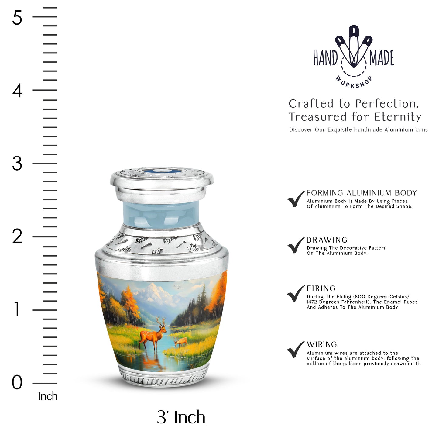Calming Blue Deer Cremation Urn top-down view of secure threaded lid - stylized abstract deer pattern with bold lines - mini keepsake memorial for portion of cremation ashes