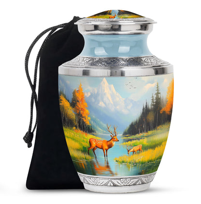 Pastel Blue Deer Cremation Urn side profile showing urn shape - modern art-inspired deer motif on sleek aluminum - full-size 10 inch 200 cubic inch adult cremation urn