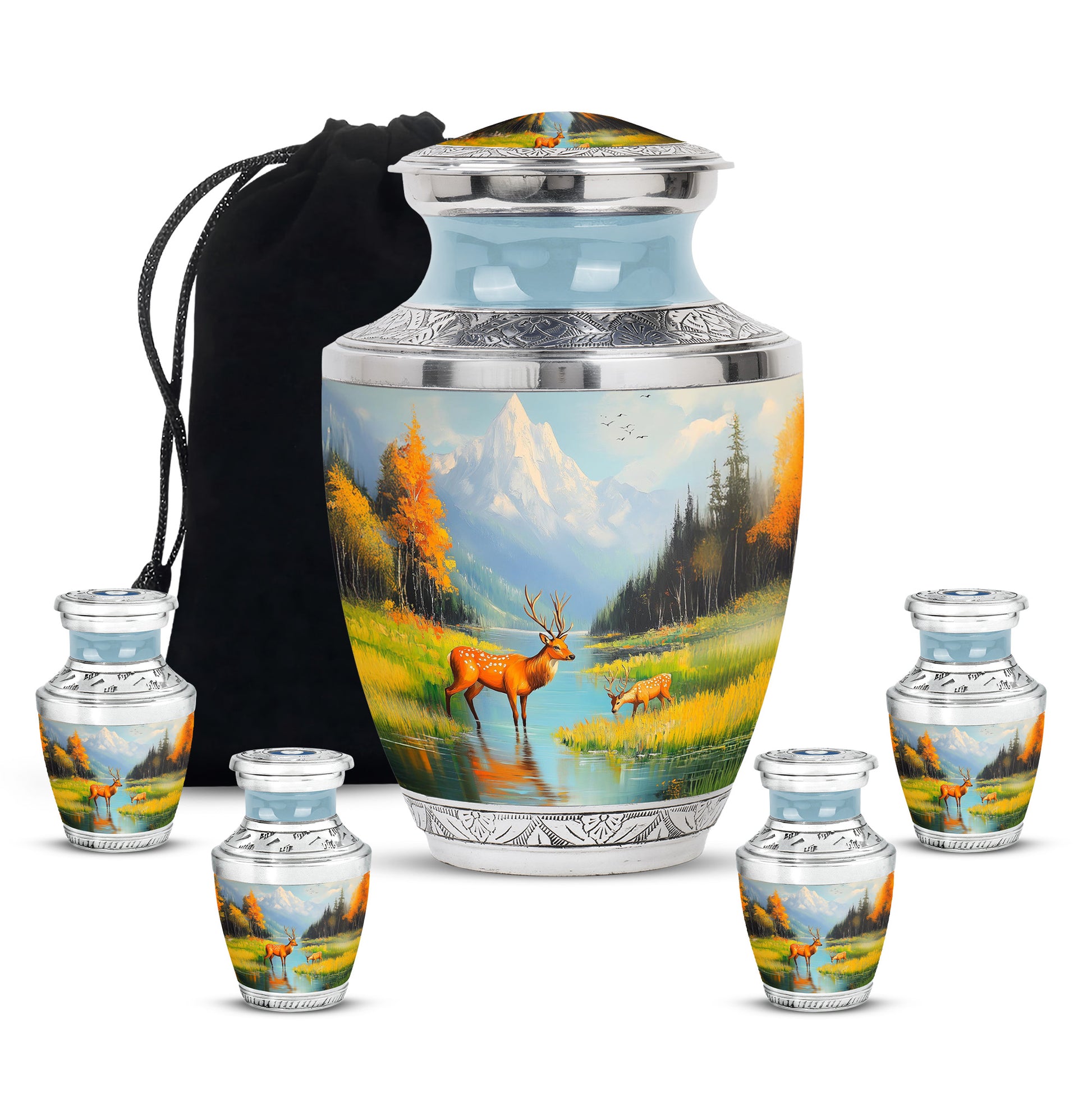 Misty Blue Deer Cremation Urn lifestyle display on memorial shelf - modern art-inspired deer motif on sleek aluminum - memorial set with one large and four small urns