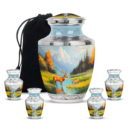 Misty Blue Deer Cremation Urn lifestyle display on memorial shelf - modern art-inspired deer motif on sleek aluminum - memorial set with one large and four small urns
