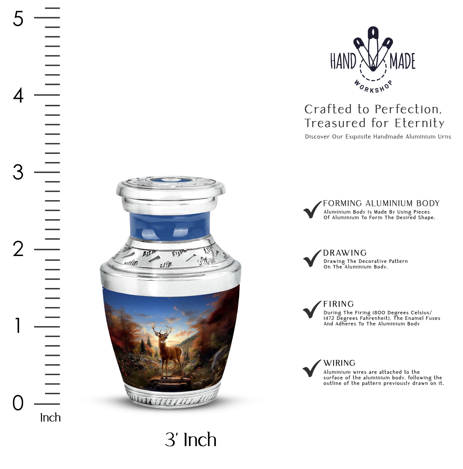 Royal Blue Deer Cremation Urn top-down view of secure threaded lid - stylized abstract deer pattern with bold lines - mini keepsake memorial for portion of cremation ashes