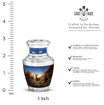 Royal Blue Deer Cremation Urn top-down view of secure threaded lid - stylized abstract deer pattern with bold lines - mini keepsake memorial for portion of cremation ashes