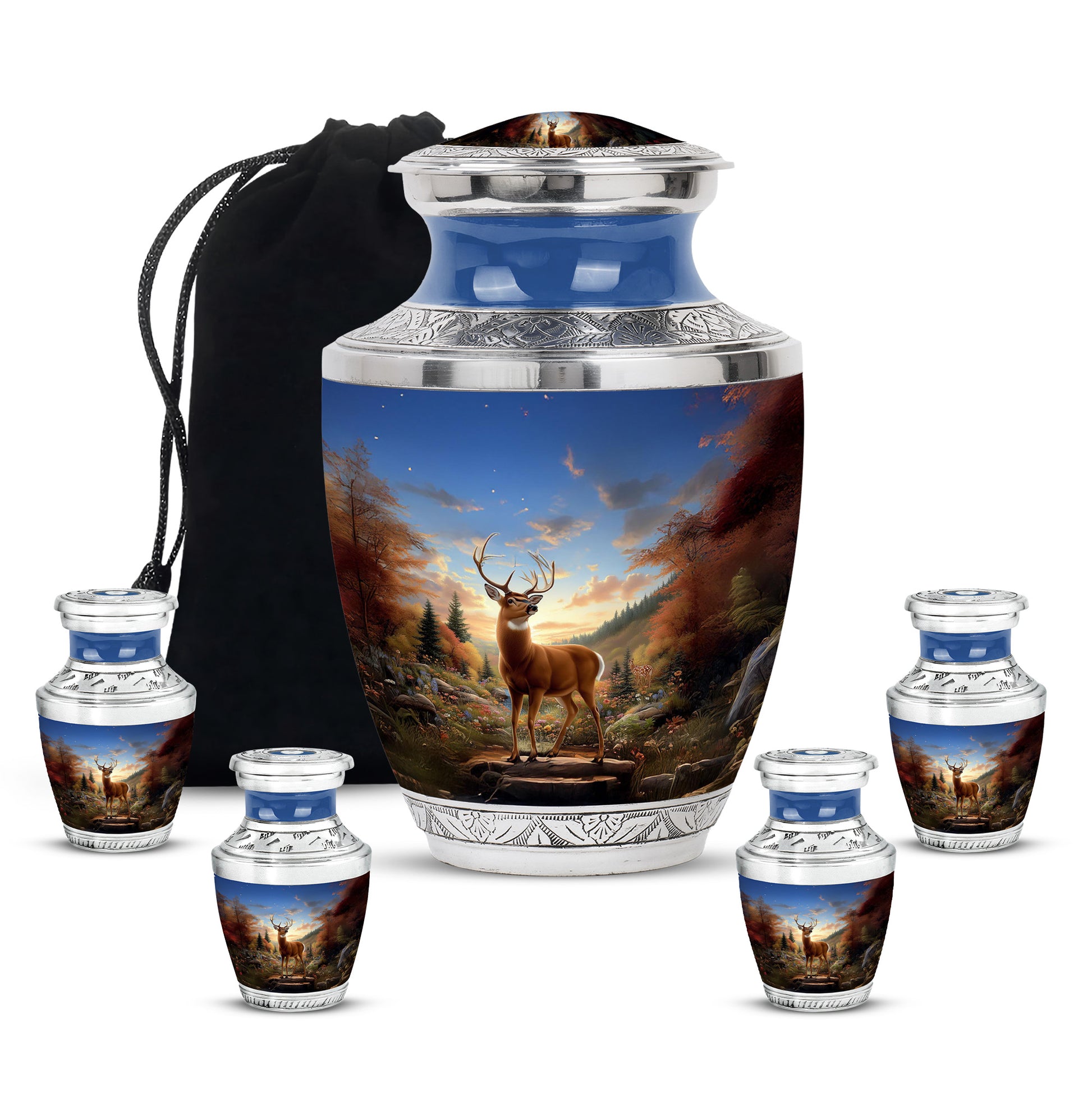 Pastel Blue Deer Cremation Urn lifestyle display on memorial shelf - contemporary deer design with modern artistic flair - memorial set with one large and four small urns