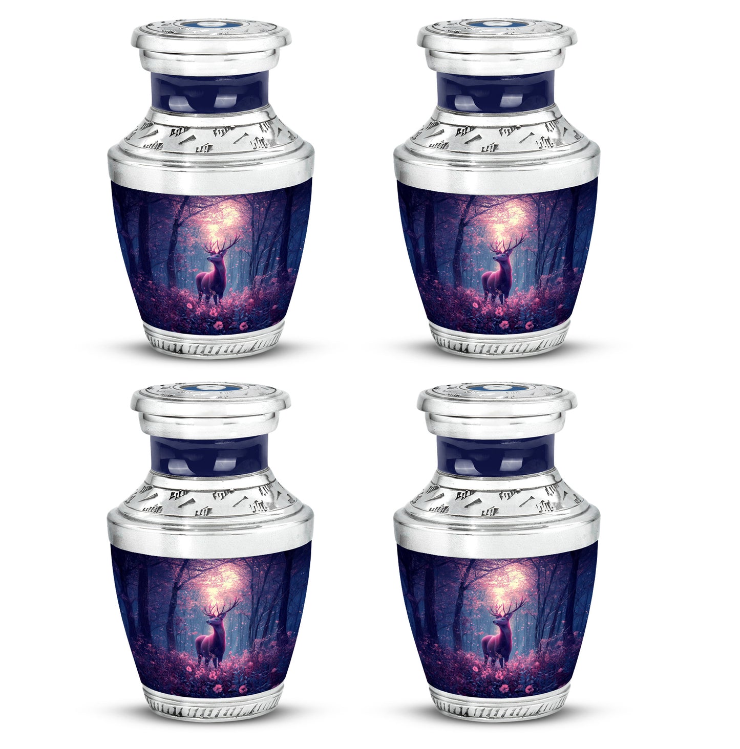 Dusty Blue Deer Cremation Urn back view with polished surface - contemporary deer design with modern artistic flair - 10 inch aluminum urn for cremated remains