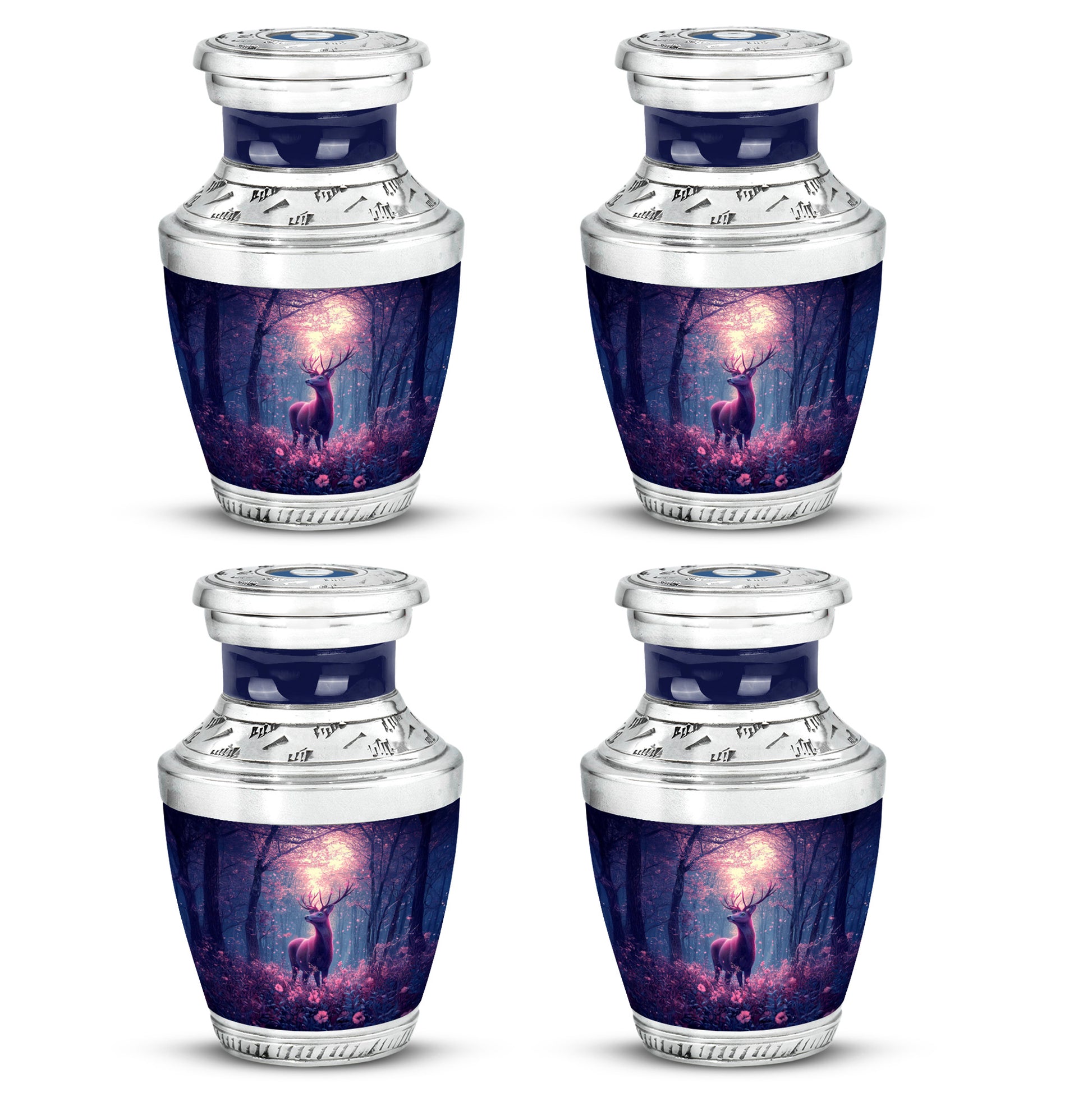 Dusty Blue Deer Cremation Urn back view with polished surface - contemporary deer design with modern artistic flair - 10 inch aluminum urn for cremated remains