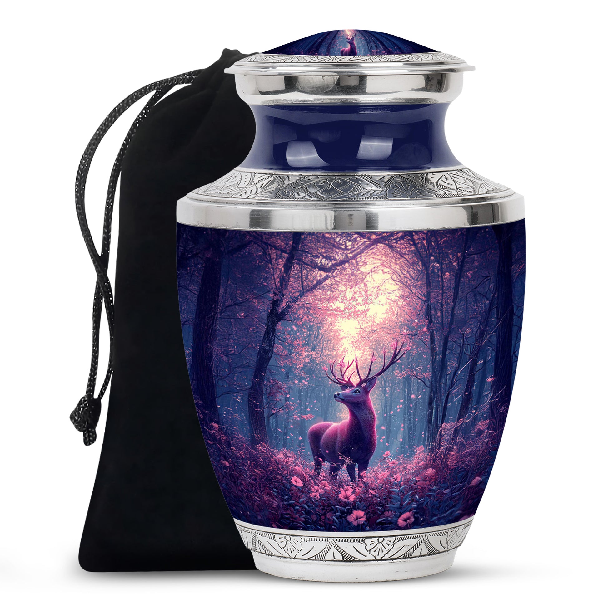 Navy Blue Deer Cremation Urn side profile showing urn shape - modern art-inspired deer motif on sleek aluminum - full-size 10 inch 200 cubic inch adult cremation urn