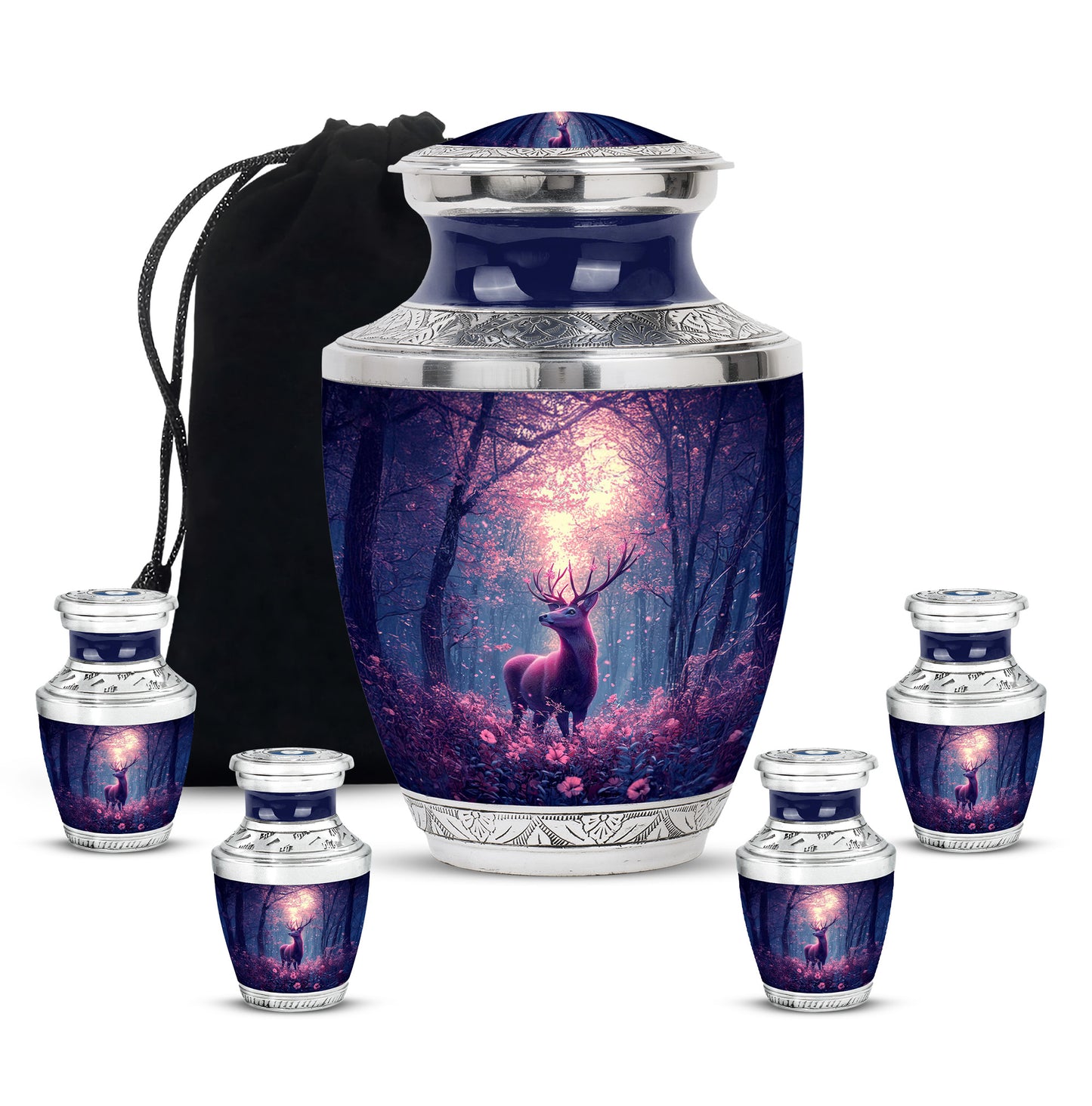 Cornflower Blue Deer Cremation Urn lifestyle display on memorial shelf - artistic deer interpretation with creative detail - memorial set with one large and four small urns