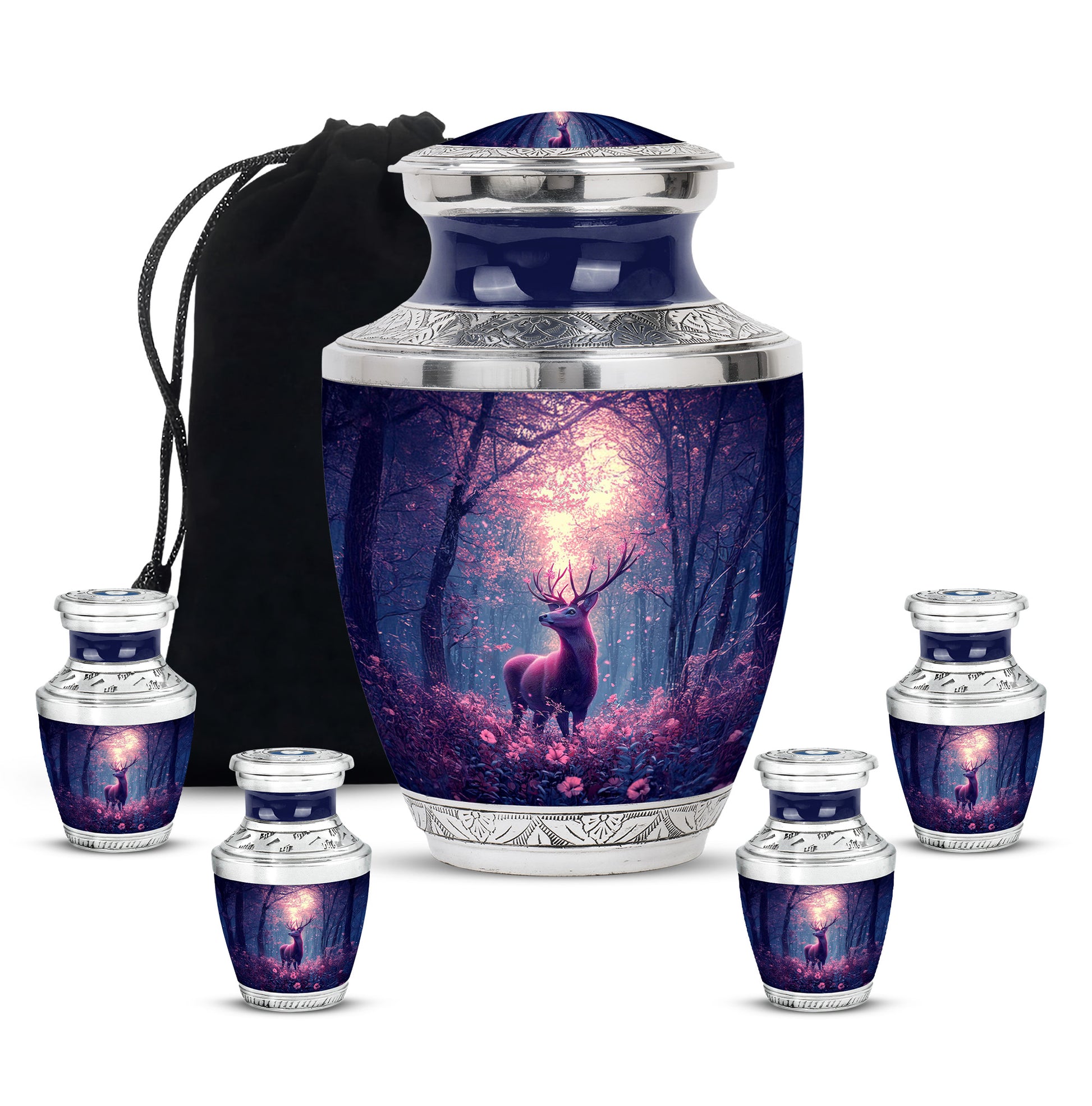 Cornflower Blue Deer Cremation Urn lifestyle display on memorial shelf - artistic deer interpretation with creative detail - memorial set with one large and four small urns