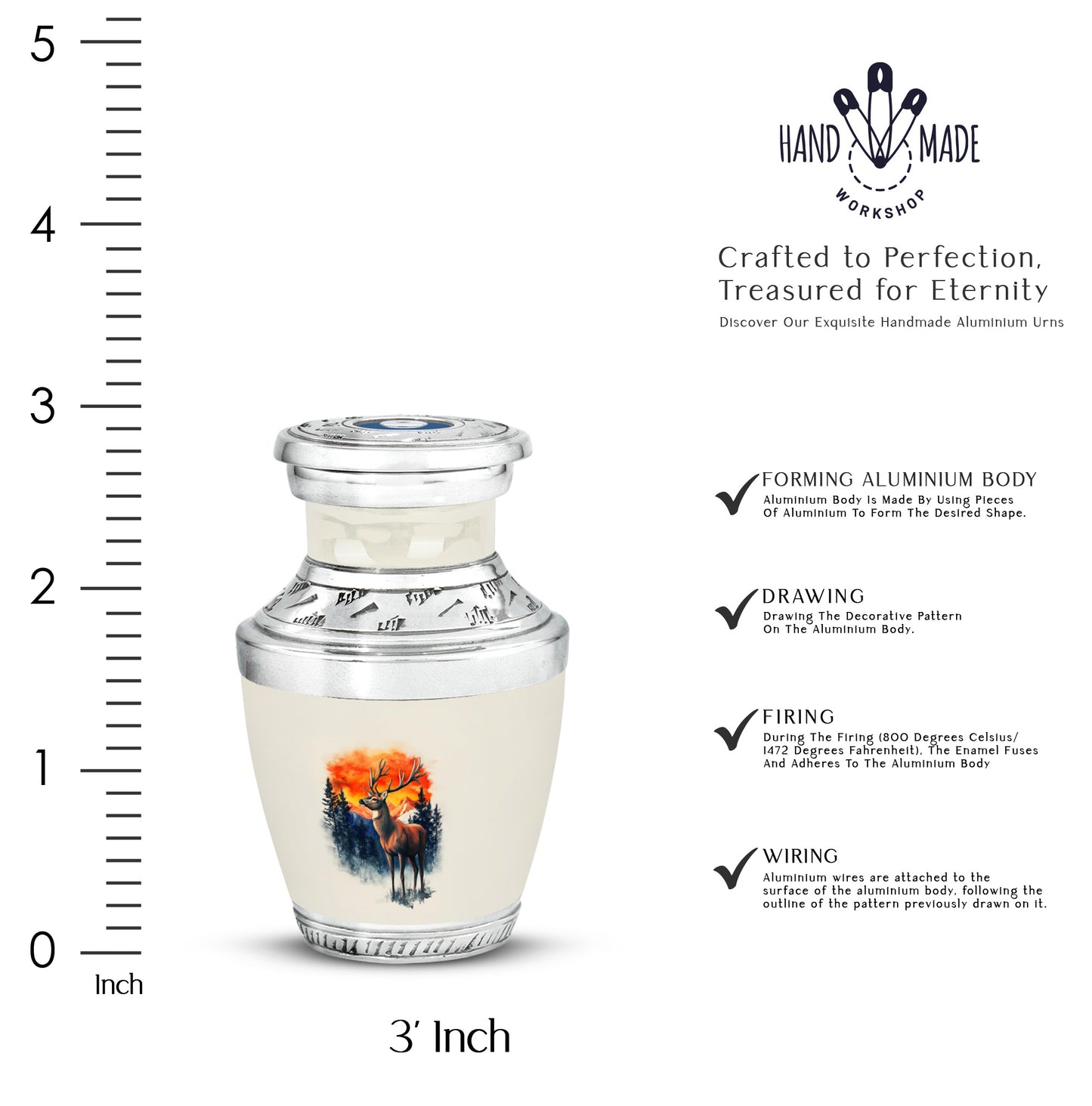 Sterling Silver Deer Cremation Urn top-down view of secure threaded lid - modern art-inspired deer motif on sleek aluminum - mini keepsake memorial for portion of cremation ashes