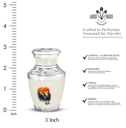 Sterling Silver Deer Cremation Urn top-down view of secure threaded lid - modern art-inspired deer motif on sleek aluminum - mini keepsake memorial for portion of cremation ashes