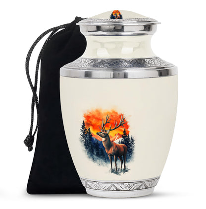 Chrome Silver Deer Cremation Urn side profile showing urn shape - artistic deer interpretation with creative detail - full-size 10 inch 200 cubic inch adult cremation urn